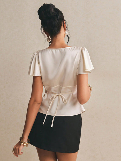 Poéselle Women's Cream White,Summer,Elegant,Tea Party V-Neck Flare Sleeve Ruffle Bow Decor Summer Blouse, Top,Casual Vacation Work Fashion Blouses