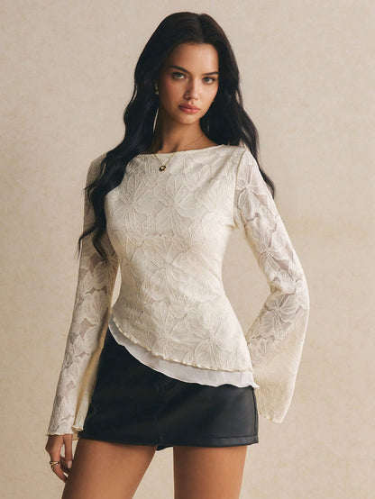 Poéselle Women's Floral Print Slim Fit Versatile Daily Wear Bell Sleeve T-Shirt