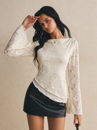 Poéselle Women's Floral Print Slim Fit Versatile Daily Wear Bell Sleeve T-Shirt