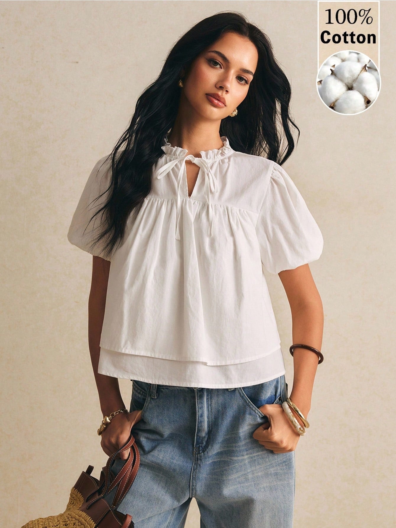Poéselle Women's Stand Collar Petal Sleeve Raglan Ruffle Hem Loose Blouse, Going Out Tops, Casual Blouses,Elegant Women's Blouses,Work Outfits,Summer Top