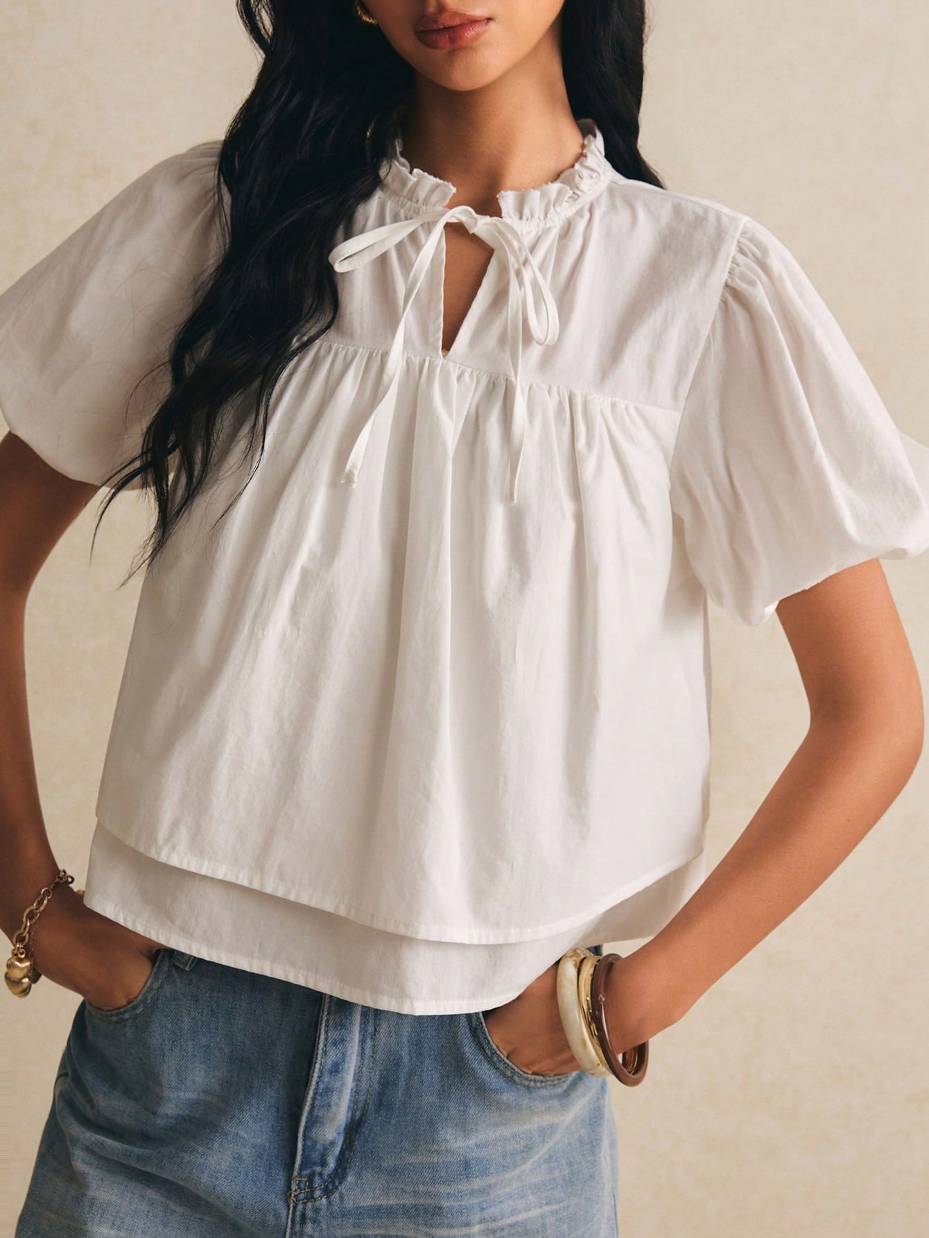 Poéselle Women's Stand Collar Petal Sleeve Raglan Ruffle Hem Loose Blouse, Going Out Tops, Casual Blouses,Elegant Women's Blouses,Work Outfits,Summer Top