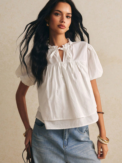 Poéselle Women's Stand Collar Petal Sleeve Raglan Ruffle Hem Loose Blouse, Going Out Tops, Casual Blouses,Elegant Women's Blouses,Work Outfits,Summer Top