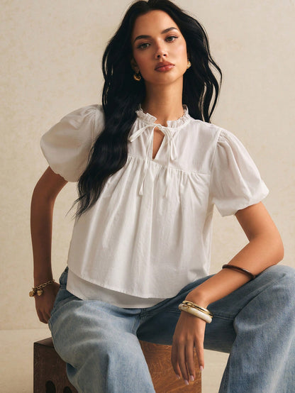 Poéselle Women's Stand Collar Petal Sleeve Raglan Ruffle Hem Loose Blouse, Going Out Tops, Casual Blouses,Elegant Women's Blouses,Work Outfits,Summer Top