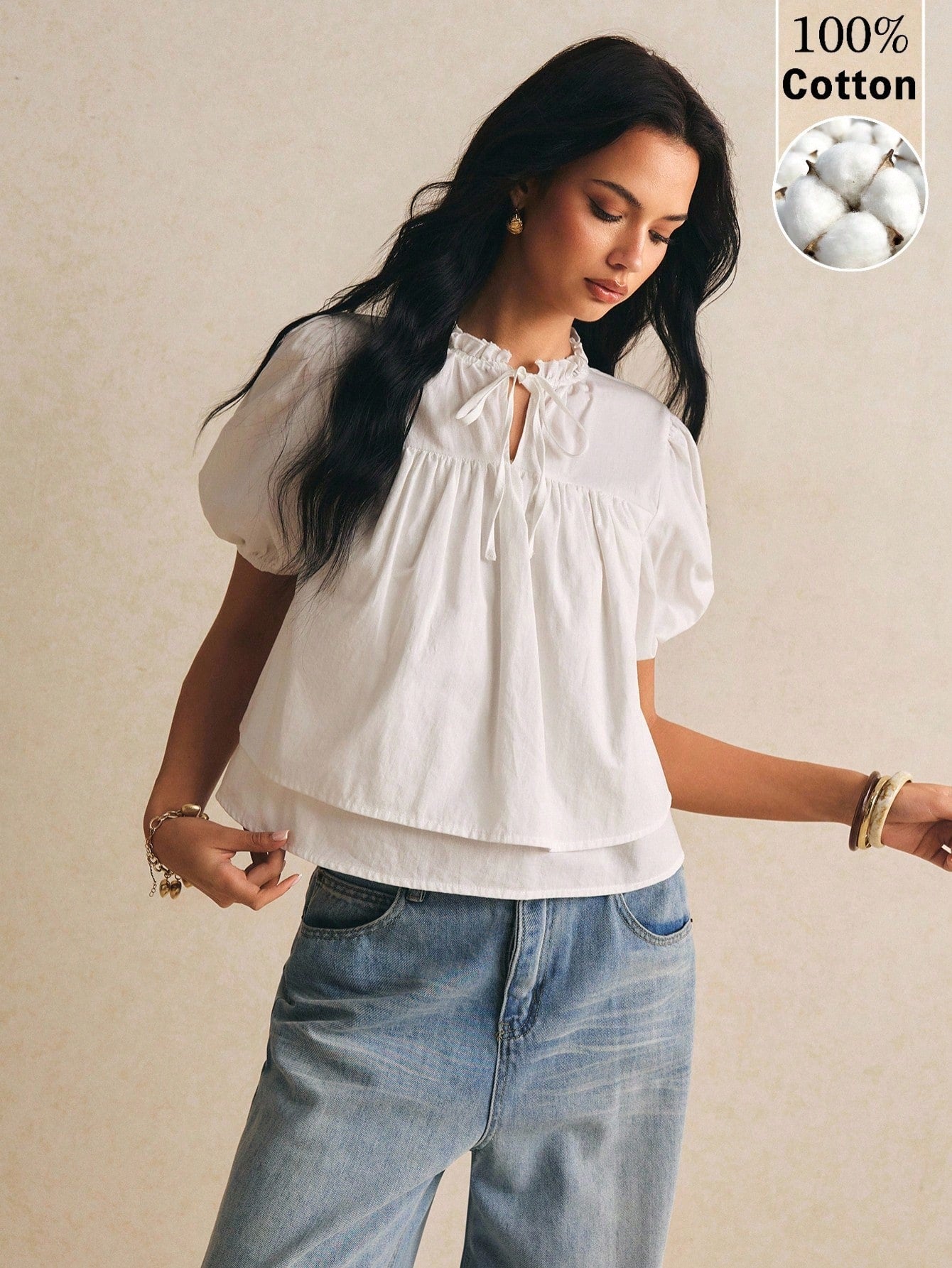 Poéselle Women's Stand Collar Petal Sleeve Raglan Ruffle Hem Loose Blouse, Going Out Tops, Casual Blouses,Elegant Women's Blouses,Work Outfits,Summer Top