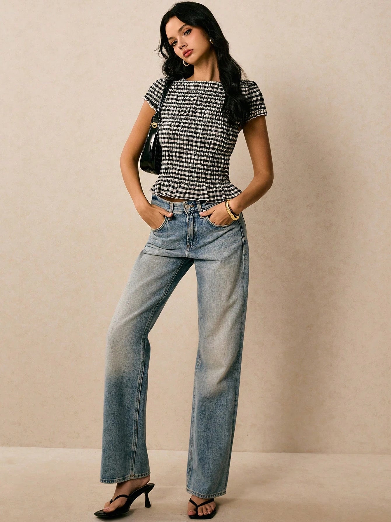 Poéselle Women's Summer Black And White Checkered 70s Retro Casual Plaid Slim Fit Shirt, Cute Everyday Brunch Dates Tops, Work, Old Money Elegant Classy Shirts
