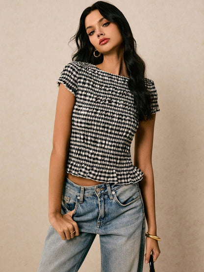 Poéselle Women's Summer Black And White Checkered 70s Retro Casual Plaid Slim Fit Shirt, Cute Everyday Brunch Dates Tops, Work, Old Money Elegant Classy Shirts