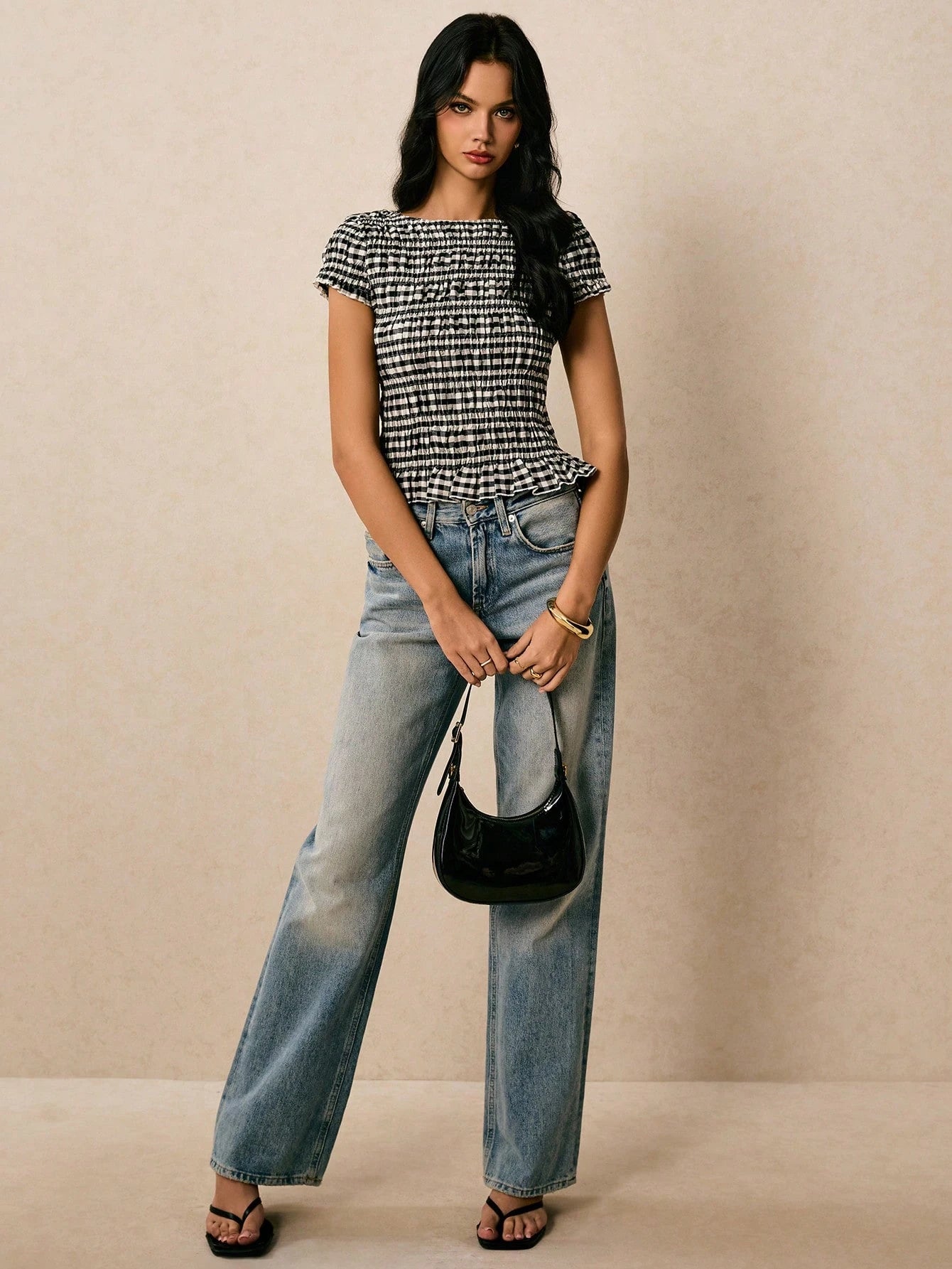 Poéselle Women's Summer Black And White Checkered 70s Retro Casual Plaid Slim Fit Shirt, Cute Everyday Brunch Dates Tops, Work, Old Money Elegant Classy Shirts
