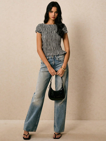 Poéselle Women's Summer Black And White Checkered 70s Retro Casual Plaid Slim Fit Shirt, Cute Everyday Brunch Dates Tops, Work, Old Money Elegant Classy Shirts