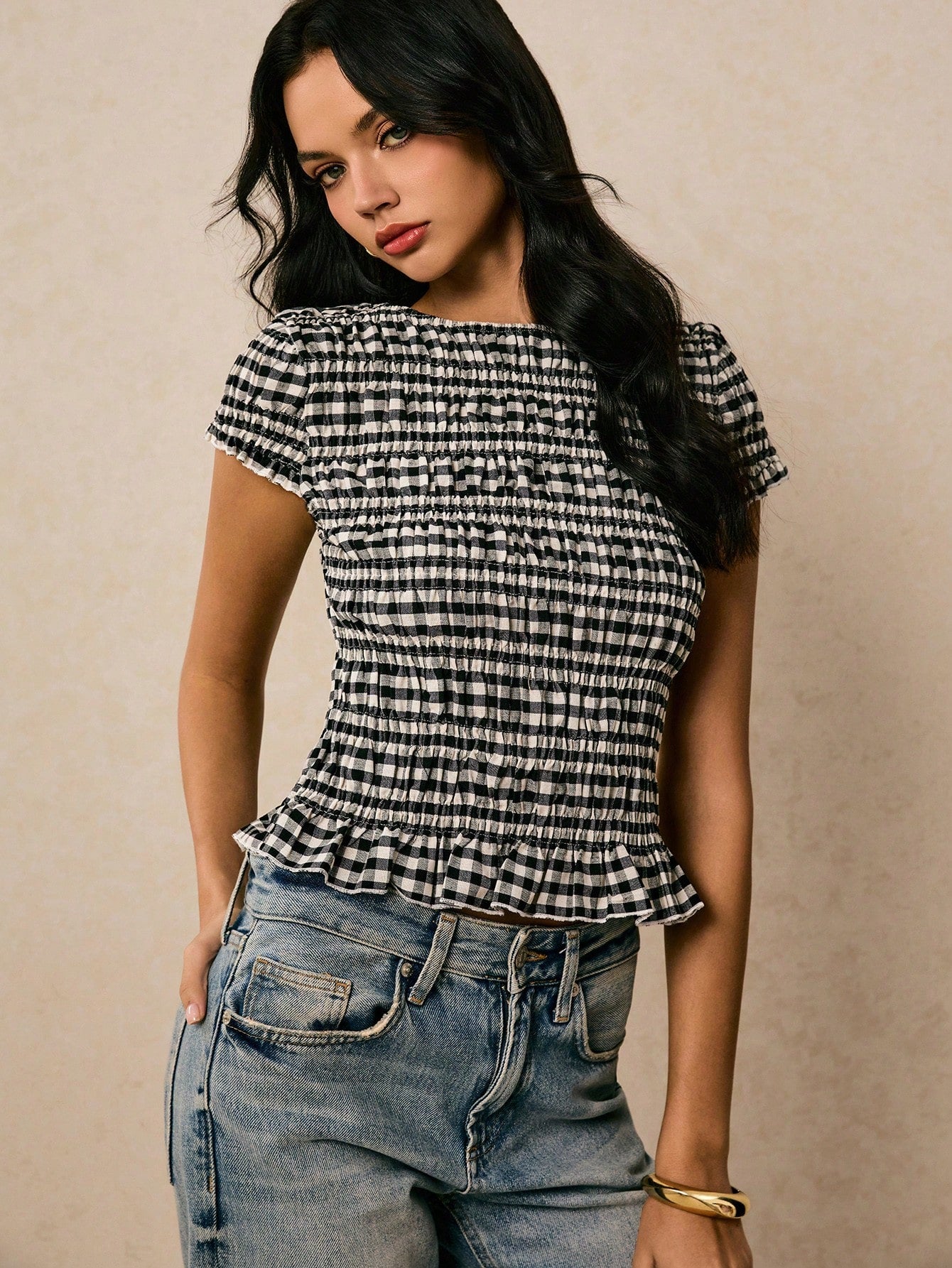 Poéselle Women's Summer Black And White Checkered 70s Retro Casual Plaid Slim Fit Shirt, Cute Everyday Brunch Dates Tops, Work, Old Money Elegant Classy Shirts
