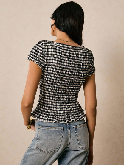 Poéselle Women's Summer Black And White Checkered 70s Retro Casual Plaid Slim Fit Shirt, Cute Everyday Brunch Dates Tops, Work, Old Money Elegant Classy Shirts