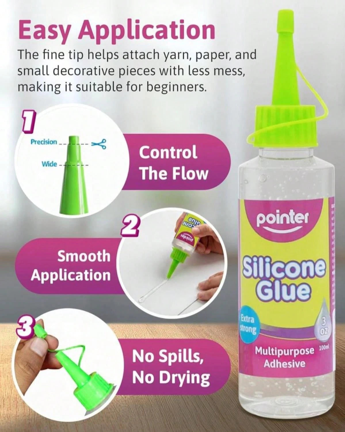 Pointer Silicone Glue Crystal Clear Multipurpose Adhesive For Craft, Art DIY Home Projects Wood Ceramic Plastic Flexible Transparent Household Precise Application Clear Finish Waterproof Seal- 100mL
