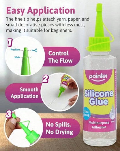 Pointer Silicone Glue Crystal Clear Multipurpose Adhesive For Craft, Art DIY Home Projects Wood Ceramic Plastic Flexible Transparent Household Precise Application Clear Finish Waterproof Seal- 100mL