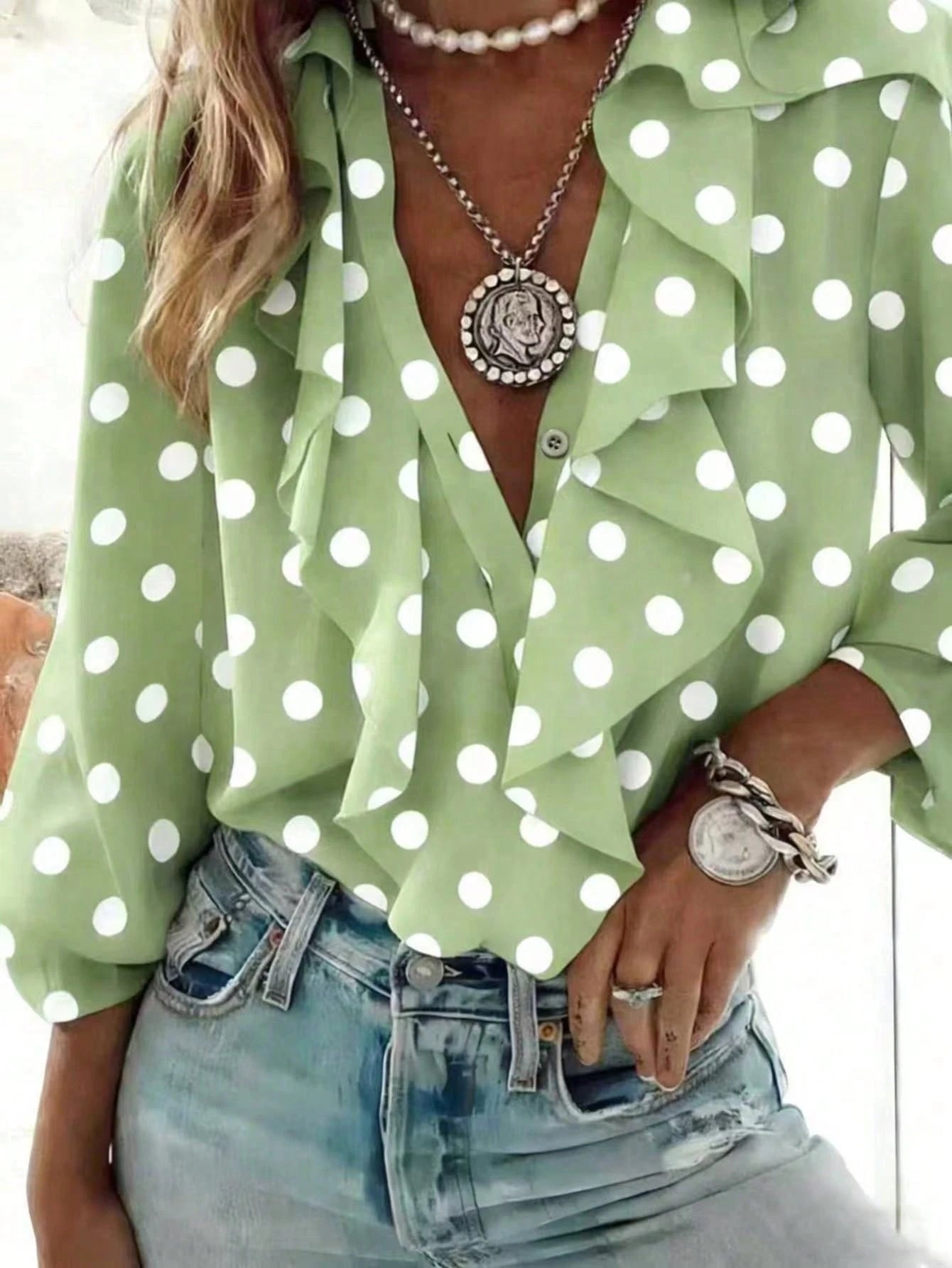 Polka Dot French Romantic Women's Patchwork Ruffle Hem Elegant Blouse Vacation Spring