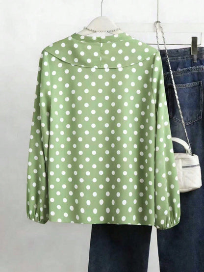 Polka Dot French Romantic Women's Patchwork Ruffle Hem Elegant Blouse Vacation Spring