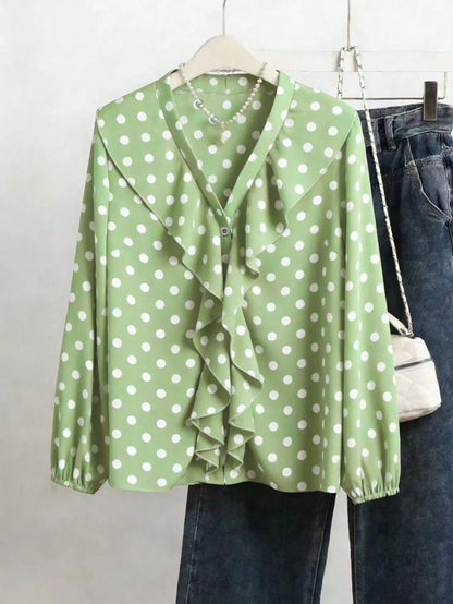 Polka Dot French Romantic Women's Patchwork Ruffle Hem Elegant Blouse Vacation Spring