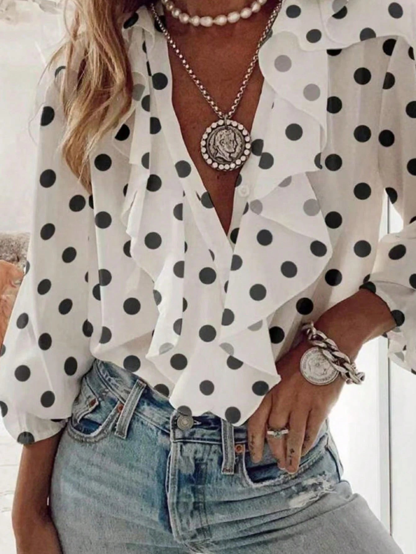 Polka Dot French Romantic Women's Patchwork Ruffle Hem Elegant Blouse Vacation Spring