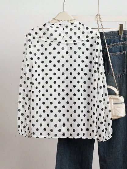 Polka Dot French Romantic Women's Patchwork Ruffle Hem Elegant Blouse Vacation Spring