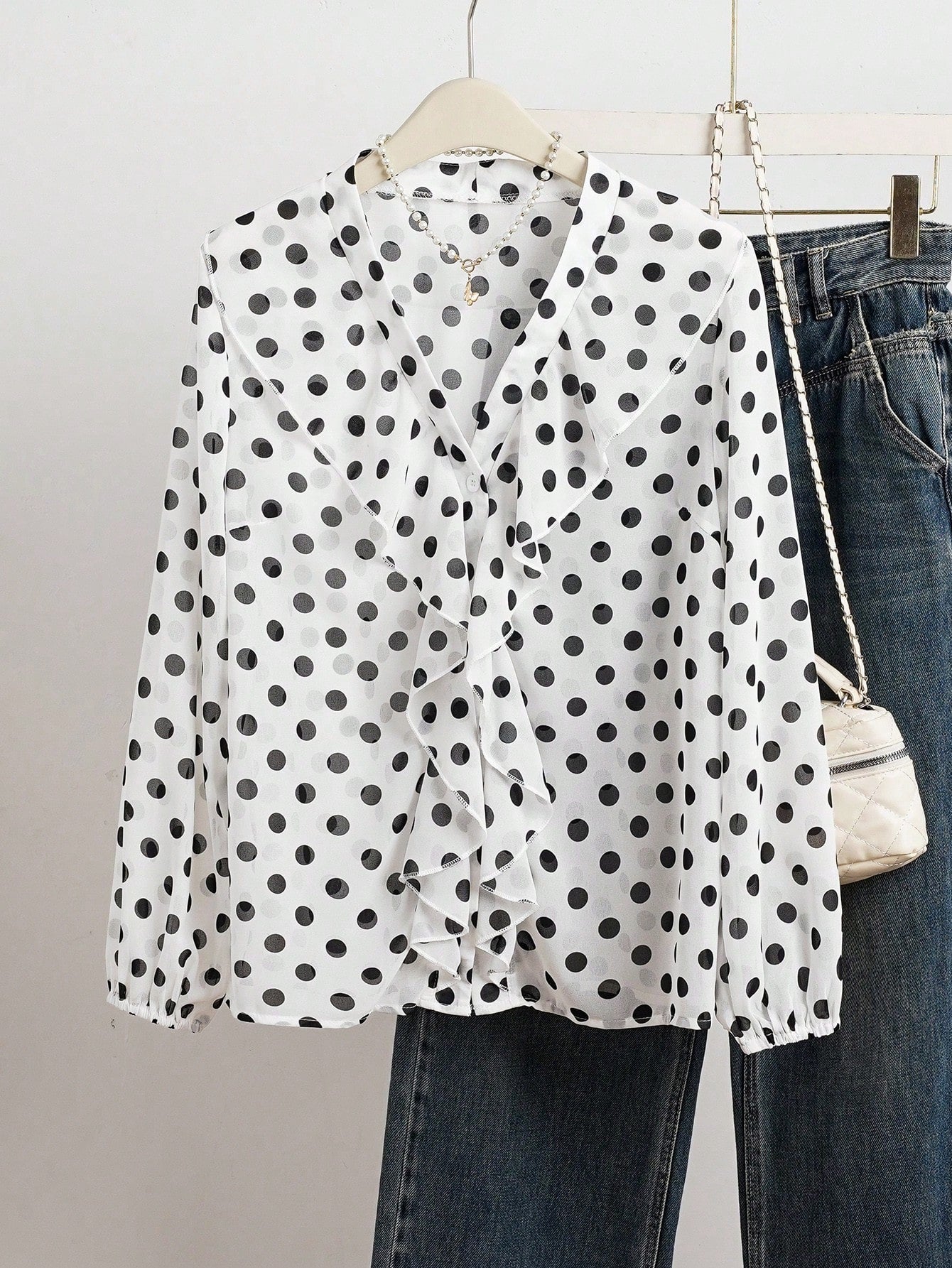 Polka Dot French Romantic Women's Patchwork Ruffle Hem Elegant Blouse Vacation Spring