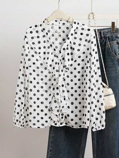 Polka Dot French Romantic Women's Patchwork Ruffle Hem Elegant Blouse Vacation Spring