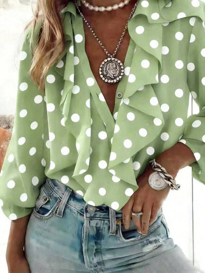 Polka Dot French Romantic Women's Patchwork Ruffle Hem Elegant Blouse Vacation Spring