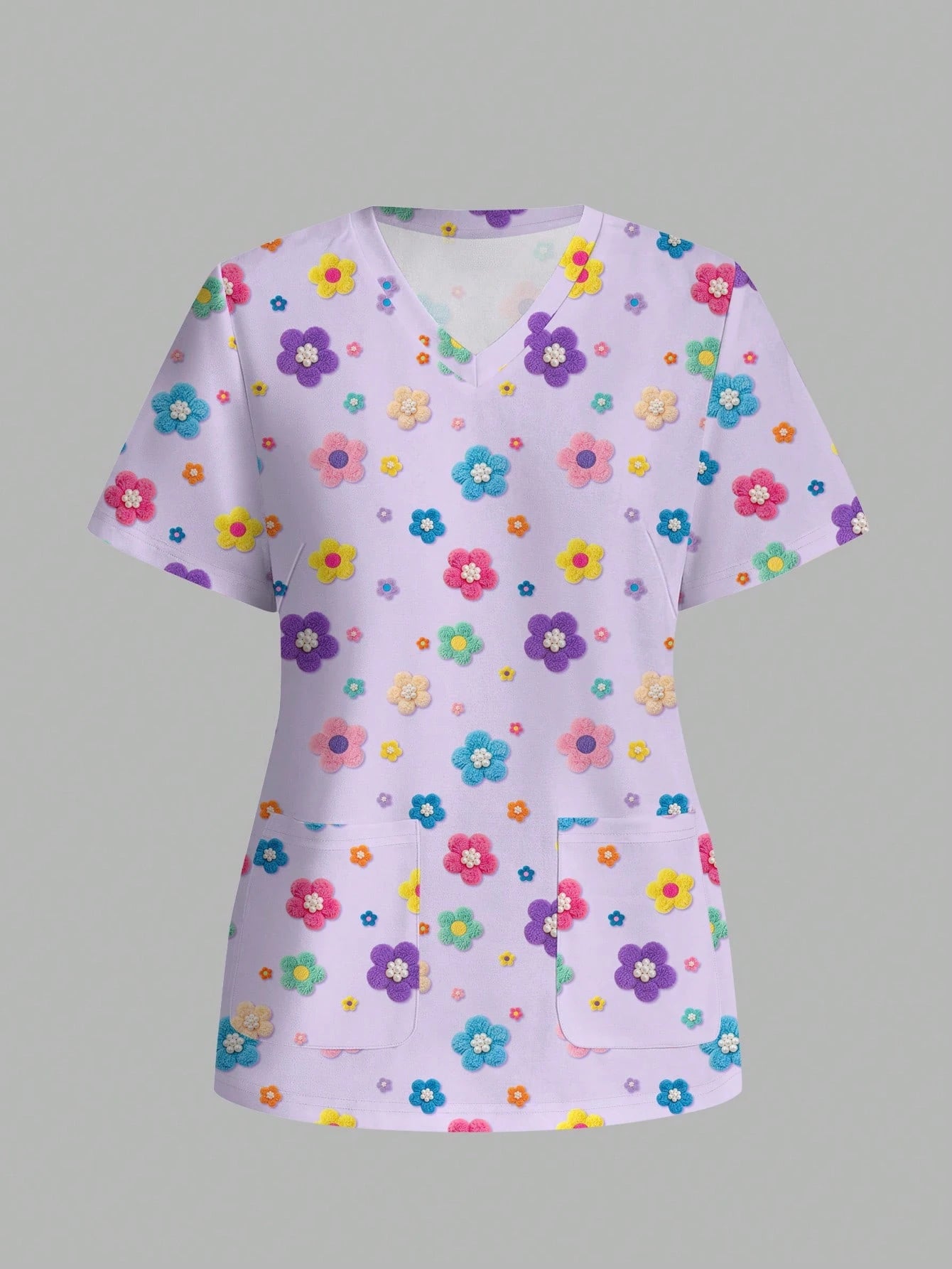 PopScrub Fun Floral Print Purple Casual Minimalist Scrub Uniform Top