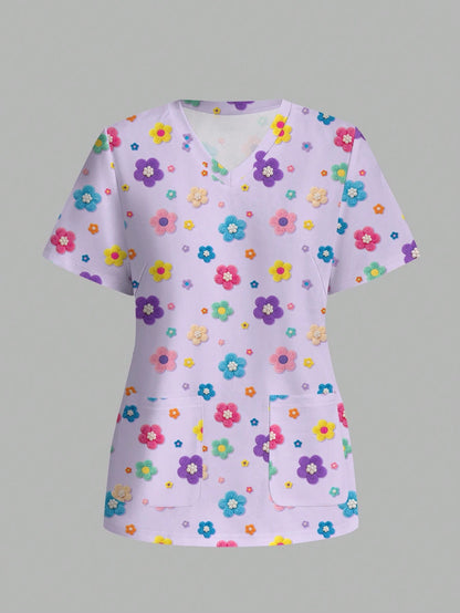PopScrub Fun Floral Print Purple Casual Minimalist Scrub Uniform Top