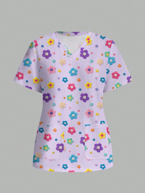 PopScrub Fun Floral Print Purple Casual Minimalist Scrub Uniform Top