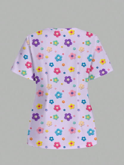 PopScrub Fun Floral Print Purple Casual Minimalist Scrub Uniform Top