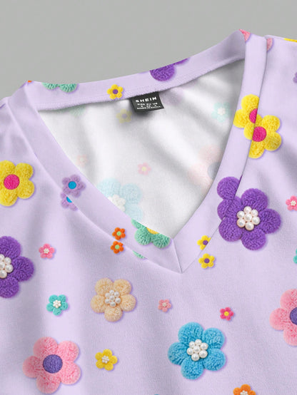 PopScrub Fun Floral Print Purple Casual Minimalist Scrub Uniform Top