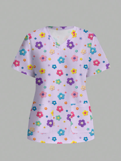 PopScrub Fun Floral Print Purple Casual Minimalist Scrub Uniform Top