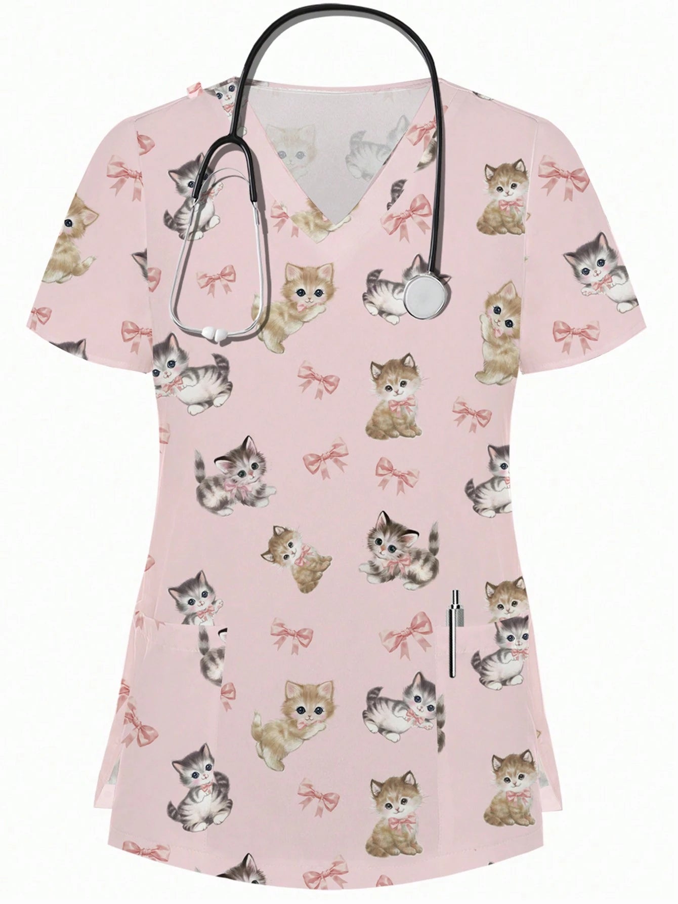 PopScrub Women Halloween Nurse Top Uniform,Black Rennaissance Workwear V-Neck Scrub Top With 2 Pockets,Short Sleeve Soft Stretchy Printed Nurse Uniform