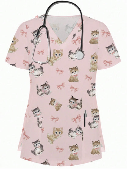 PopScrub Women Halloween Nurse Top Uniform,Black Rennaissance Workwear V-Neck Scrub Top With 2 Pockets,Short Sleeve Soft Stretchy Printed Nurse Uniform