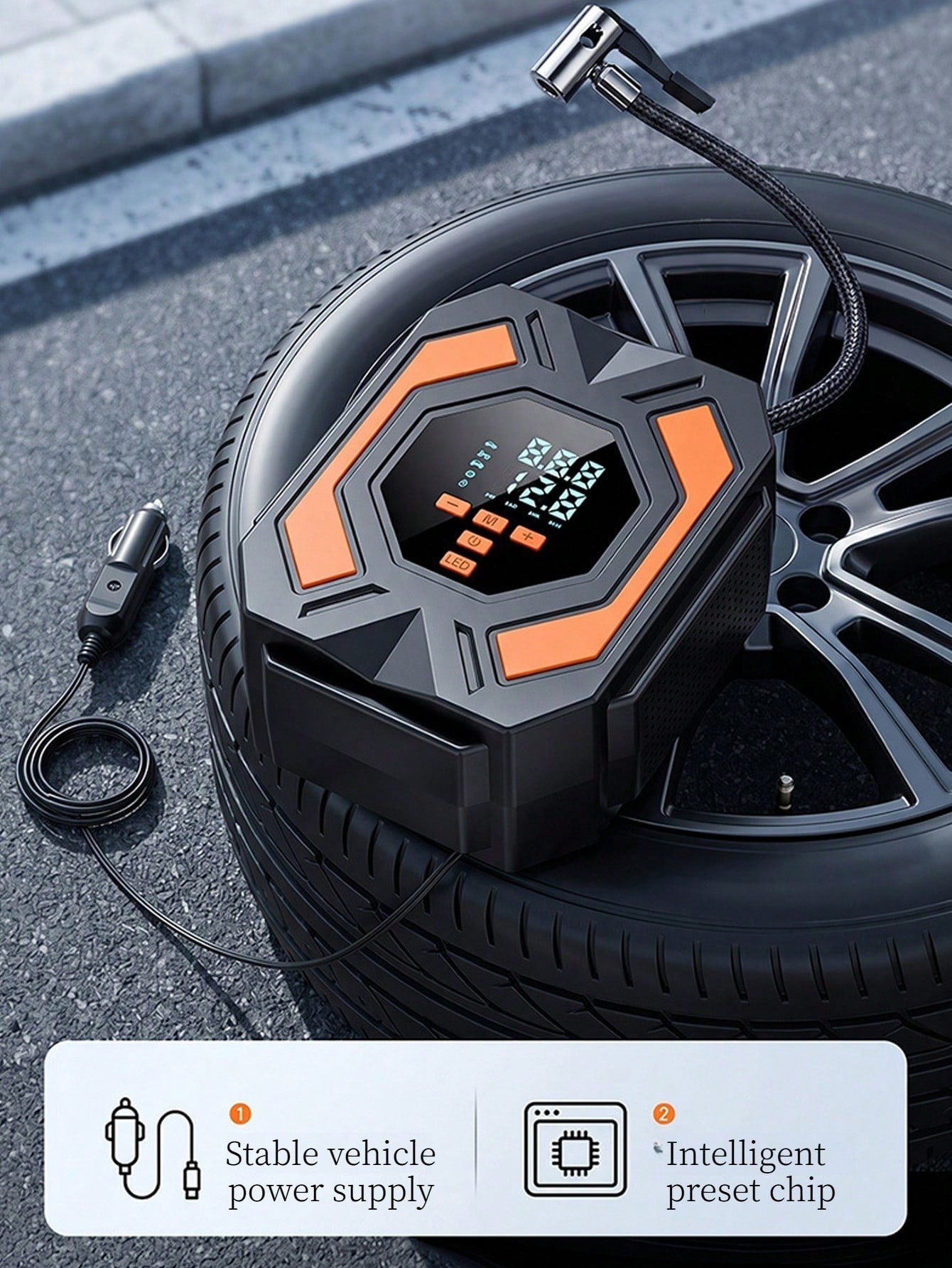 Portable 12V Car Air Pump With Pressure Gauge, Fast Inflation Car Tire Pump, 150 Psi Air Inflator, Battery-Free, With LED Light, Suitable For Car/Bicycle/Motorcycle/Ball Small Smart Air Pump
