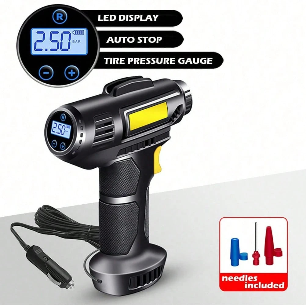 Portable Digital Car Tire Inflator, Auto Stop Car Air Compressor With LED Light, 4 Pressure Units(PSI/BAR/KPA/Kg/Cm²) & 8ft Power Cord, Inflation Needles For Car Bike Tires Sports Balls