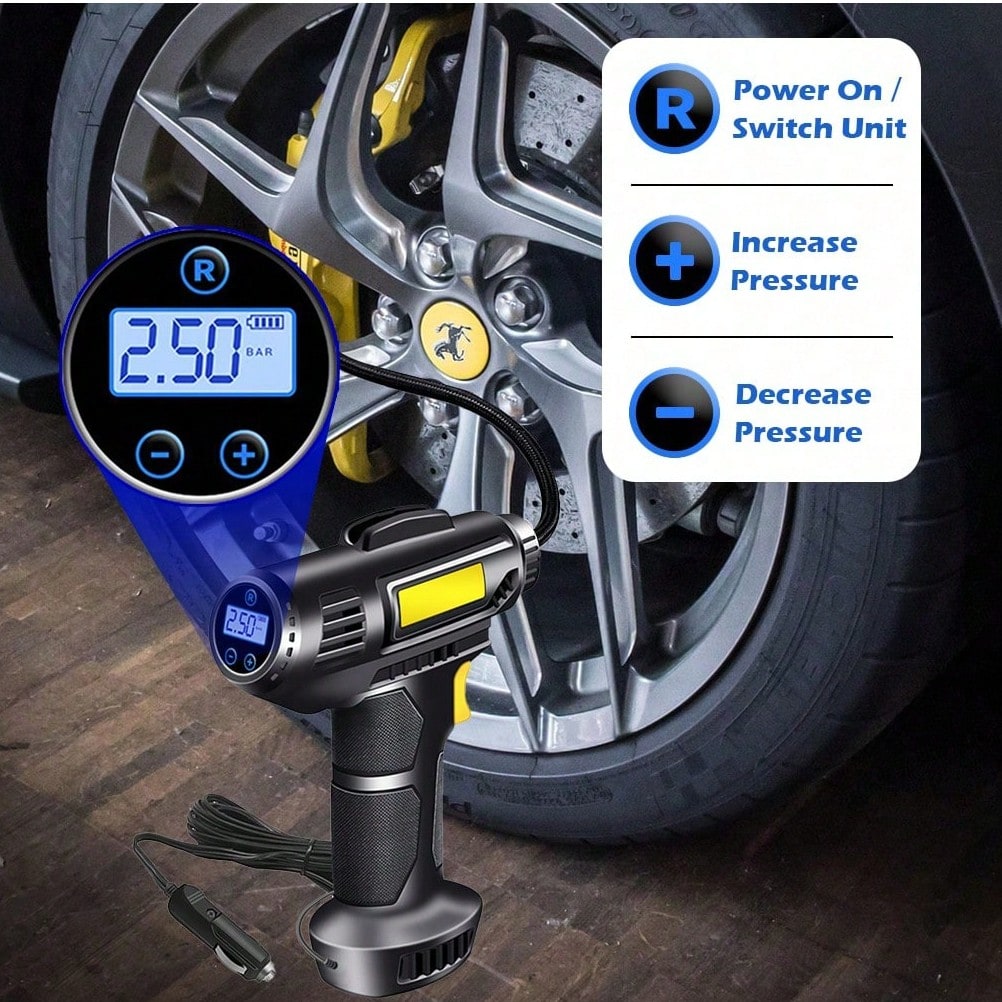 Portable Digital Car Tire Inflator, Auto Stop Car Air Compressor With LED Light, 4 Pressure Units(PSI/BAR/KPA/Kg/Cm²) & 8ft Power Cord, Inflation Needles For Car Bike Tires Sports Balls