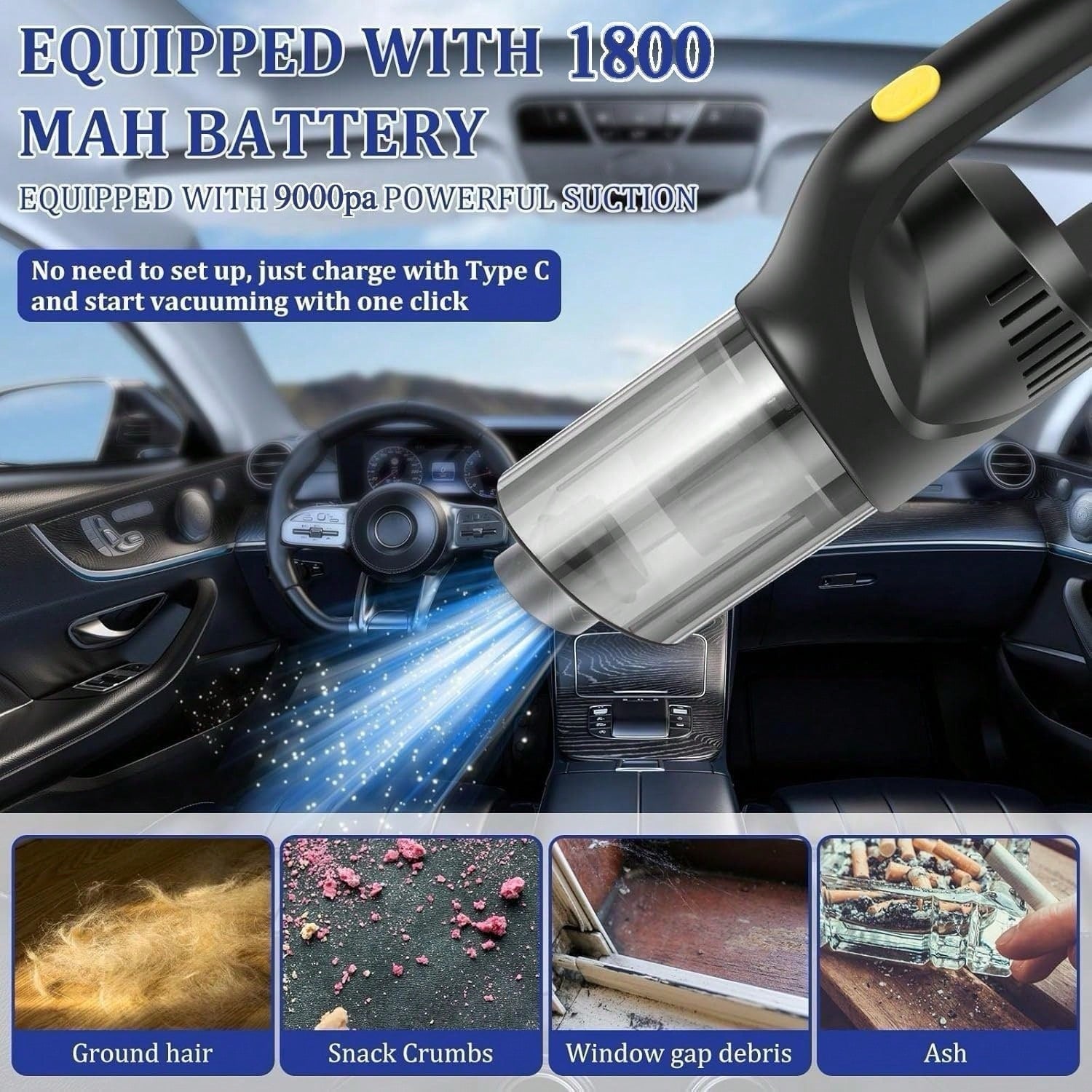 Portable Handheld Car Vacuum Cleaner, 9000Pa Suction Power, Handheld And Portable Design, USB Charging, Suitable For Cleaning Cars, Workshops, Computers, Homes, Decorations, Offices And Home Sofa Clea