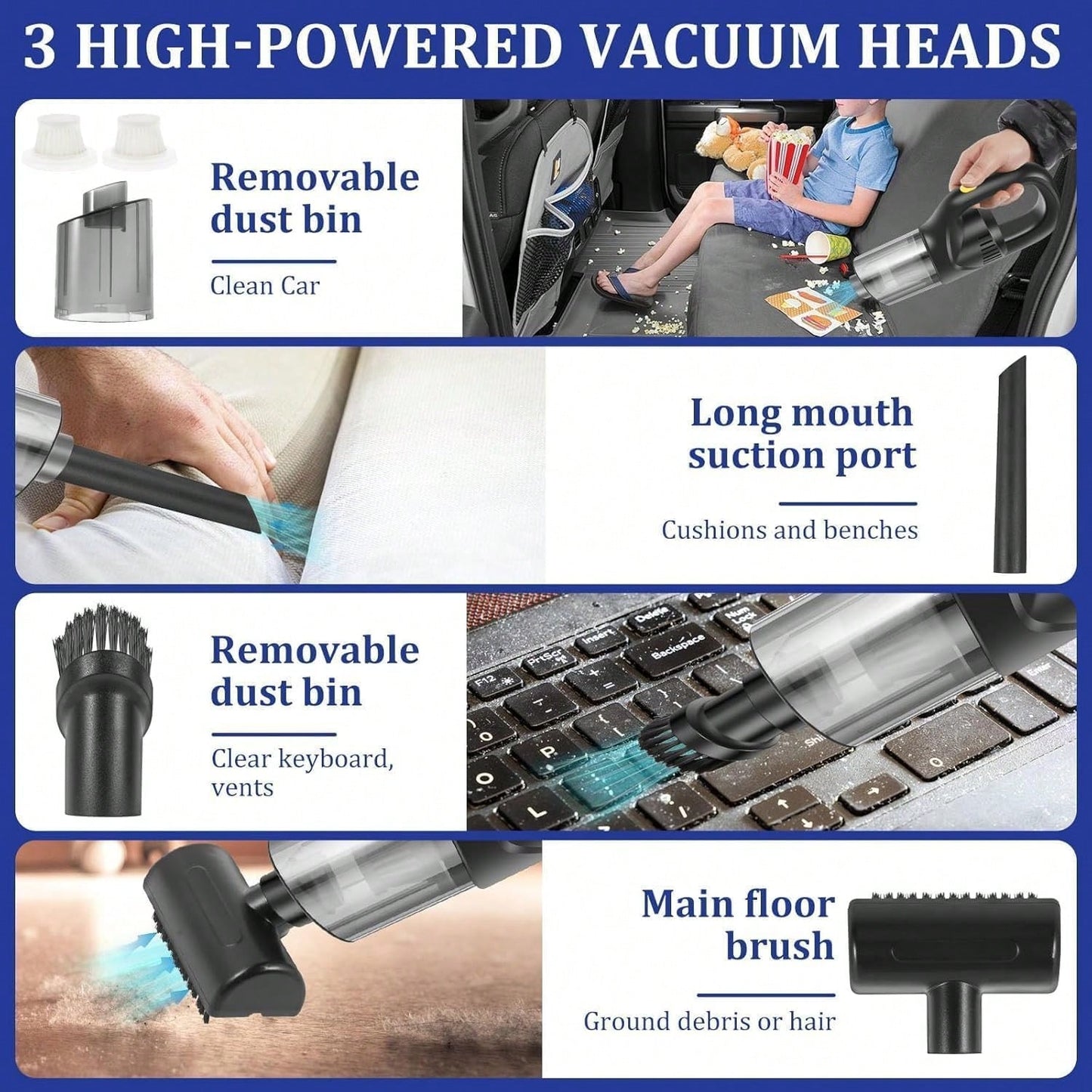 Portable Handheld Car Vacuum Cleaner, 9000Pa Suction Power, Handheld And Portable Design, USB Charging, Suitable For Cleaning Cars, Workshops, Computers, Homes, Decorations, Offices And Home Sofa Clea
