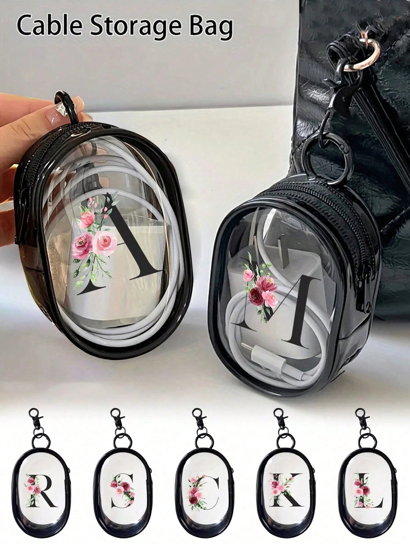 Portable Mini Transparent Zipper Storage Bag, Letter & Flower Design Couple Bag, Pendant-Style Multifunctional Storage Pouch, Earphone & Charger Storage Box, With Keychain, Transparent Travel Accessor