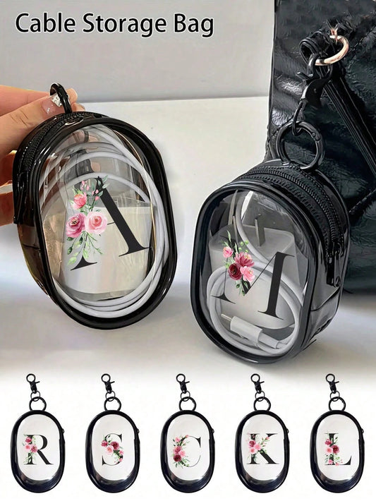 Portable Mini Transparent Zipper Storage Bag, Letter & Flower Design Couple Bag, Pendant-Style Multifunctional Storage Pouch, Earphone & Charger Storage Box, With Keychain, Transparent Travel Accessor