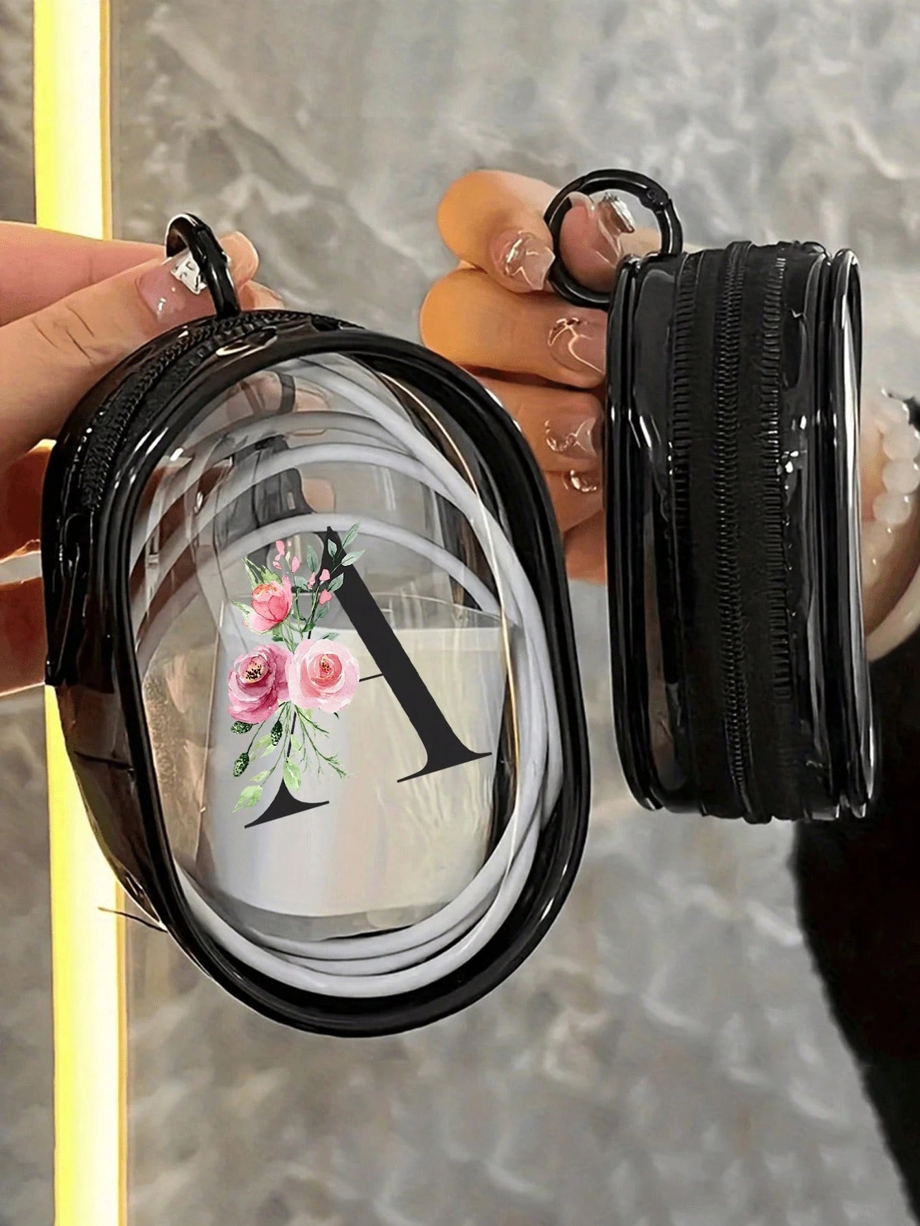 Portable Mini Transparent Zipper Storage Bag, Letter & Flower Design Couple Bag, Pendant-Style Multifunctional Storage Pouch, Earphone & Charger Storage Box, With Keychain, Transparent Travel Accessor
