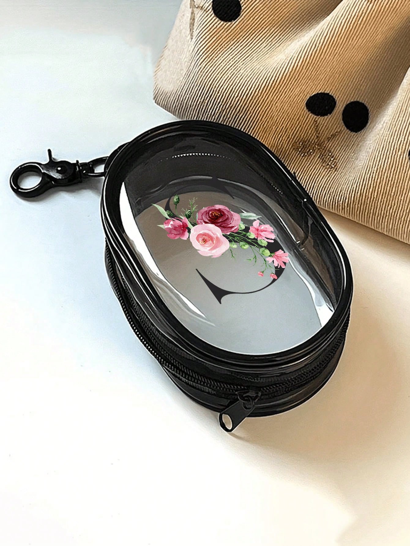 Portable Mini Transparent Zipper Storage Bag, Letter & Flower Design Couple Bag, Pendant-Style Multifunctional Storage Pouch, Earphone & Charger Storage Box, With Keychain, Transparent Travel Accessor