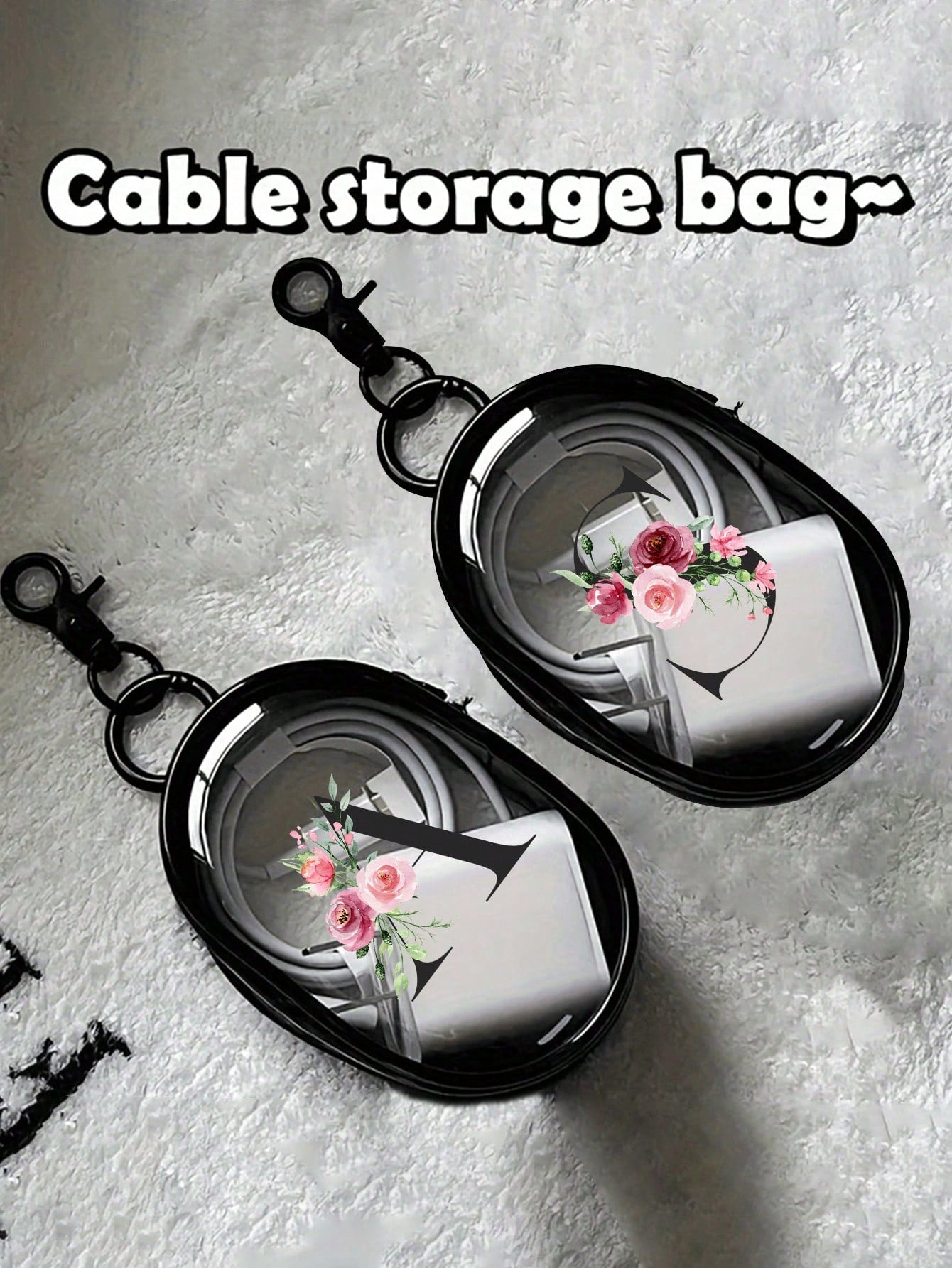 Portable Mini Transparent Zipper Storage Bag, Letter & Flower Design Couple Bag, Pendant-Style Multifunctional Storage Pouch, Earphone & Charger Storage Box, With Keychain, Transparent Travel Accessor