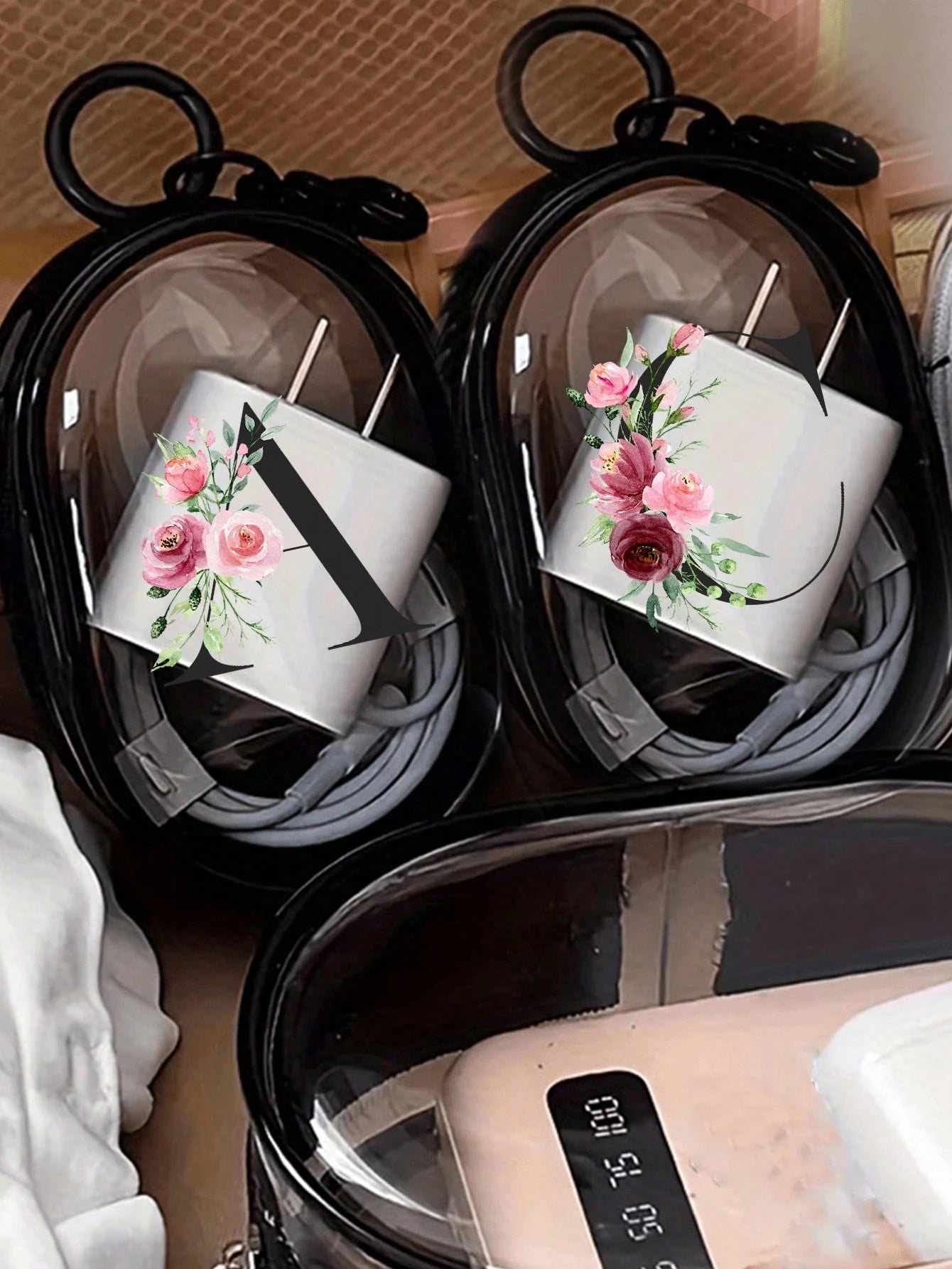 Portable Mini Transparent Zipper Storage Bag, Letter & Flower Design Couple Bag, Pendant-Style Multifunctional Storage Pouch, Earphone & Charger Storage Box, With Keychain, Transparent Travel Accessor