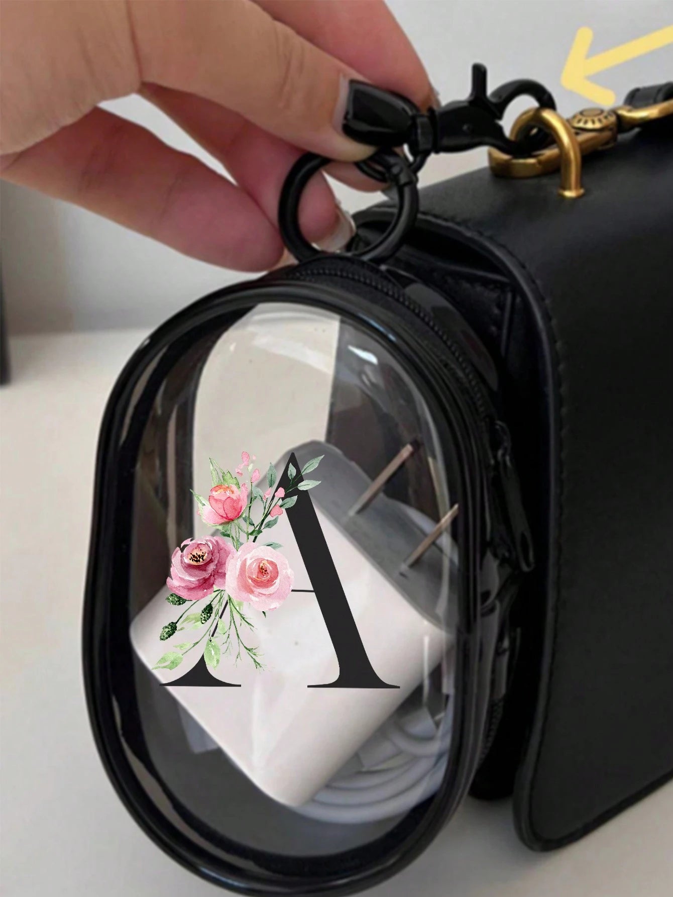 Portable Mini Transparent Zipper Storage Bag, Letter & Flower Design Couple Bag, Pendant-Style Multifunctional Storage Pouch, Earphone & Charger Storage Box, With Keychain, Transparent Travel Accessor