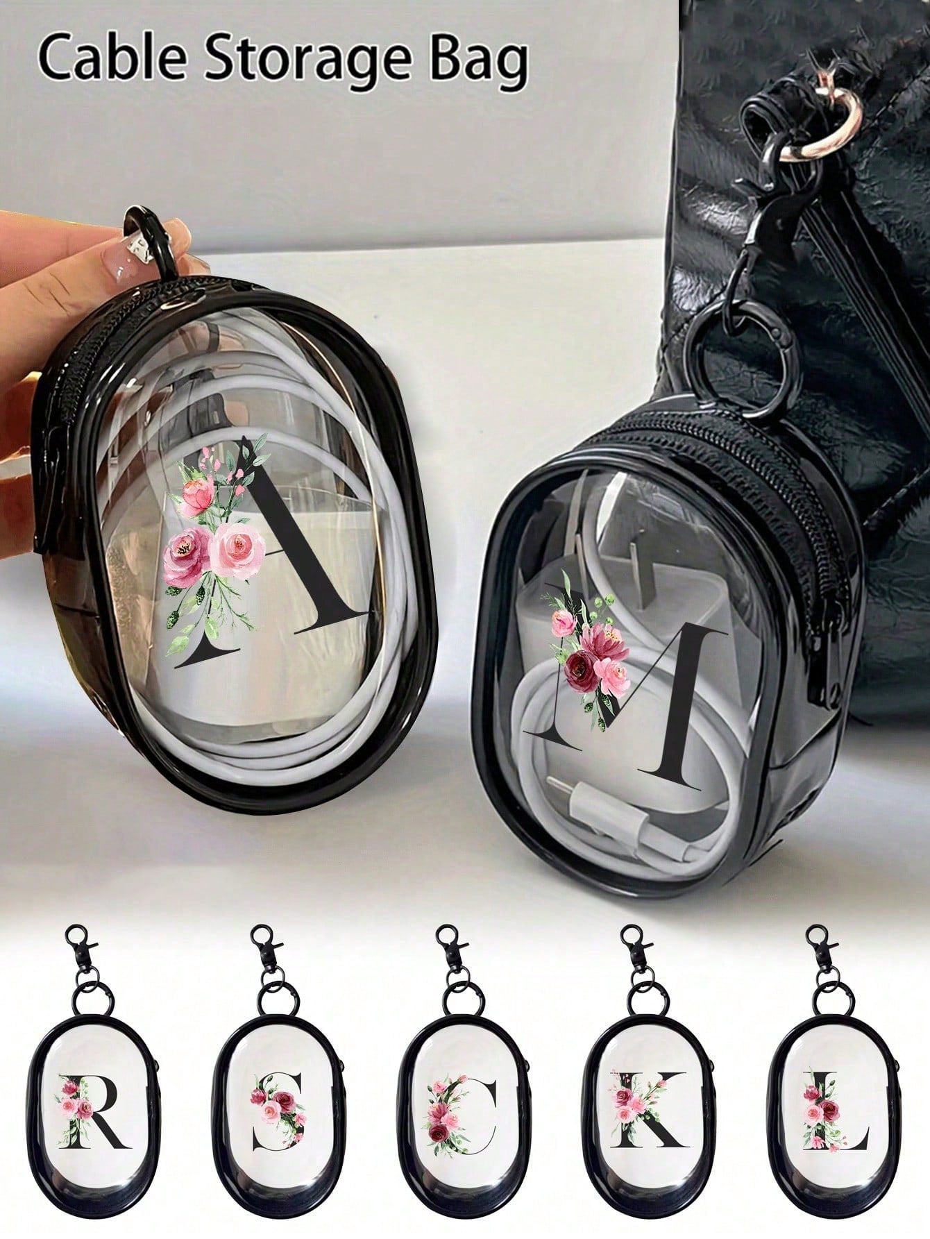 Portable Mini Transparent Zipper Storage Bag, Letter & Flower Design Couple Bag, Pendant-Style Multifunctional Storage Pouch, Earphone & Charger Storage Box, With Keychain, Transparent Travel Accessor
