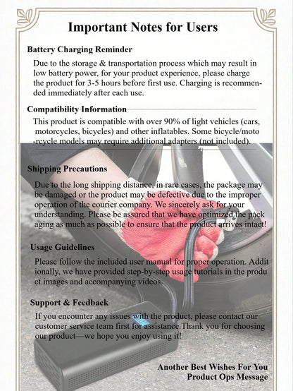 Portable Tire Inflator- Car Accessories, Car Air Compressor, Electric Air Pump With LED Light And Digital Pressure Gauge, Smart Inflator For Cars, Motorcycles, Bicycles, 7.4V 1500MAH (Please Charge F