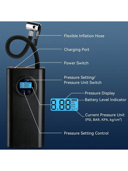 Portable Tire Inflator- Car Accessories, Car Air Compressor, Electric Air Pump With LED Light And Digital Pressure Gauge, Smart Inflator For Cars, Motorcycles, Bicycles, 7.4V 1500MAH (Please Charge F