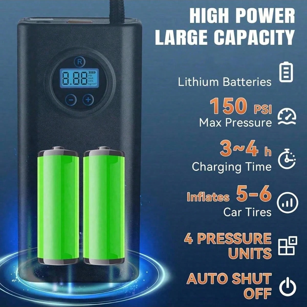 Portable Tire Inflator- Car Accessories, Car Air Compressor, Electric Air Pump With LED Light And Digital Pressure Gauge, Smart Inflator For Cars, Motorcycles, Bicycles, 7.4V 1500MAH (Please Charge F