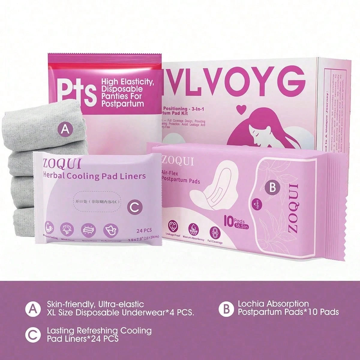 Postpartum Recovery Essential Set, Labor Delivery Mommy Care Bag, Water-Absorbent Disposable Underwear, Nipple Breastfeeding Pad, Inverted Cooling Foam Bottle, Cooling Cotton Pad, Canvas Bag Set.