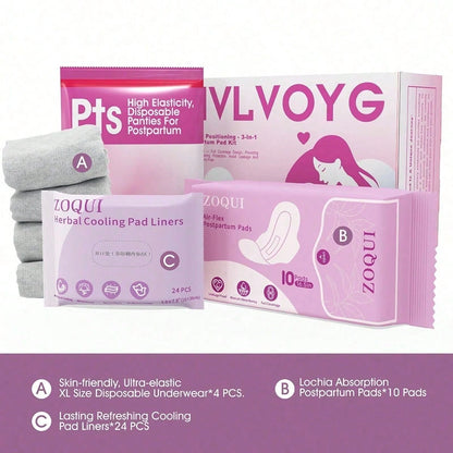 Postpartum Recovery Essential Set, Labor Delivery Mommy Care Bag, Water-Absorbent Disposable Underwear, Nipple Breastfeeding Pad, Inverted Cooling Foam Bottle, Cooling Cotton Pad, Canvas Bag Set.